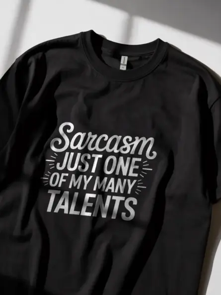Black tee rear with sarcasm talent t-shirt print