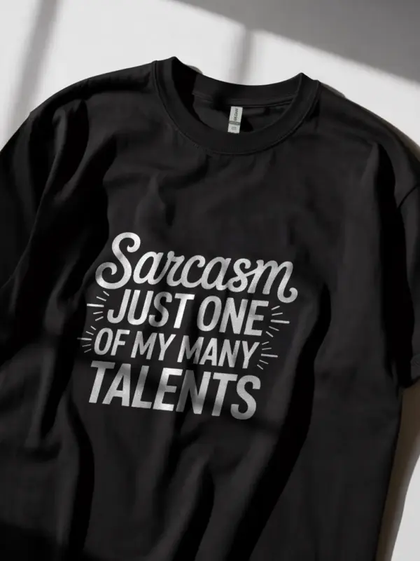 Black tee rear with sarcasm talent t-shirt print