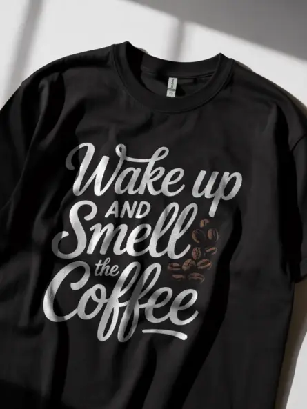 Black Shirt Wake Up and Smell the Coffee wake up and smell the coffee t-shirt lifestyle shot