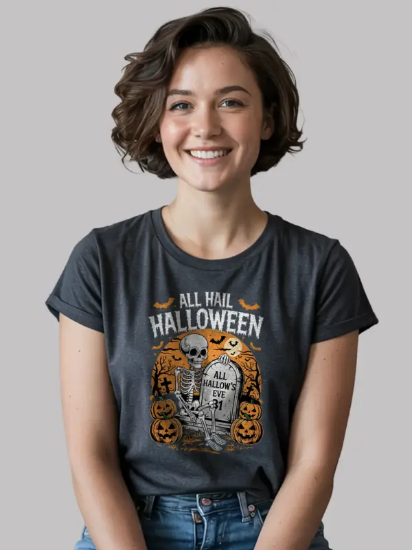 Dark Heather Shirt – All Hail Halloween – gothic skeleton Halloween t-shirt