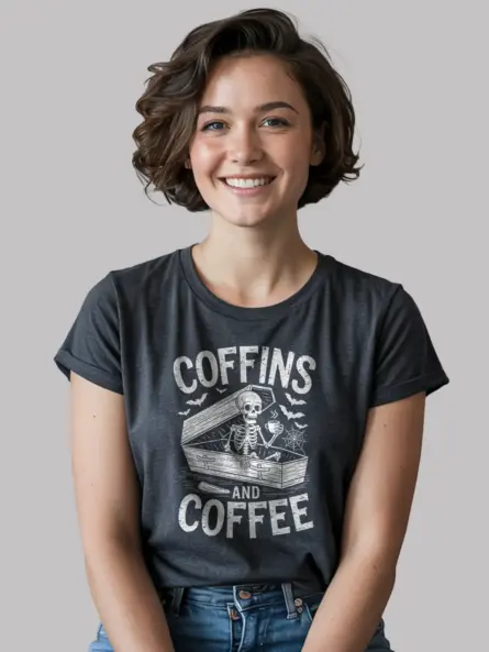 Dark Heather Coffins and Coffee Shirt – vintage goth coffee tee with coffin and bats