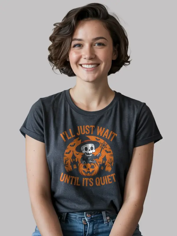 Dark Heather front view – Cute skeleton in pumpkin design – introvert halloween t-shirt