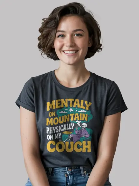 dark heather front – retro couch potato skeleton print – mentally on mountain t-shirt