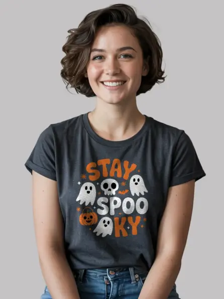 dark heather front – stay spooky ghost pumpkin skull – stay spooky t-shirt