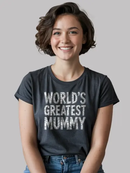 Dark Heather Lifestyle Shot – World’s Greatest Mummy – funny mummy Halloween mom t-shirt