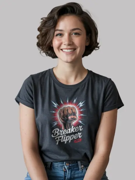 Royal Blue Breaker Flipper Shirt Front – funny electrician pro t-shirt, blue lightning bolt style