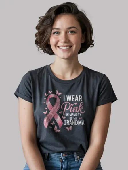 Dark Heather front – Breast Cancer Grandma Tribute Shirt butterfly design