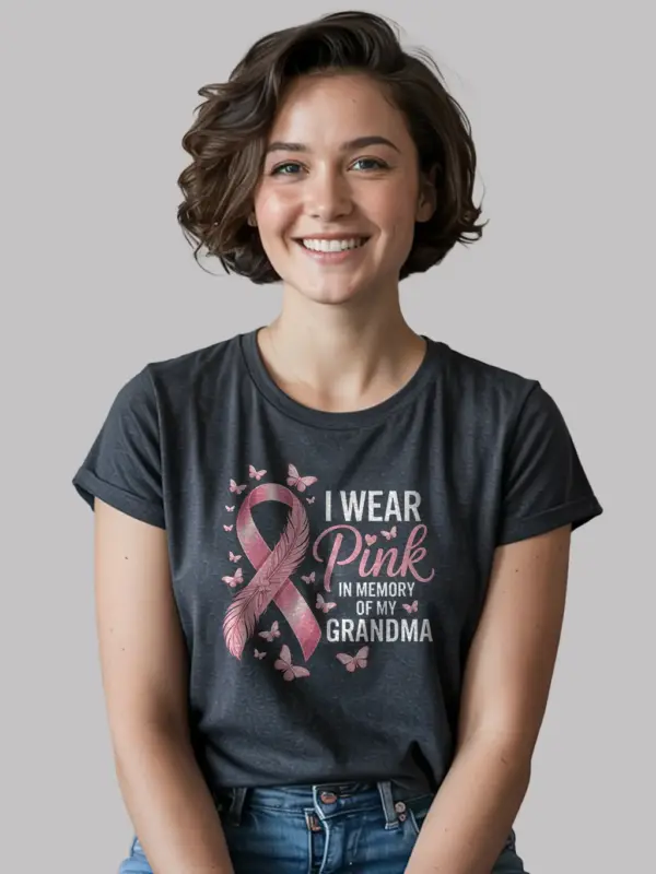 Dark Heather front – Breast Cancer Grandma Tribute Shirt butterfly design