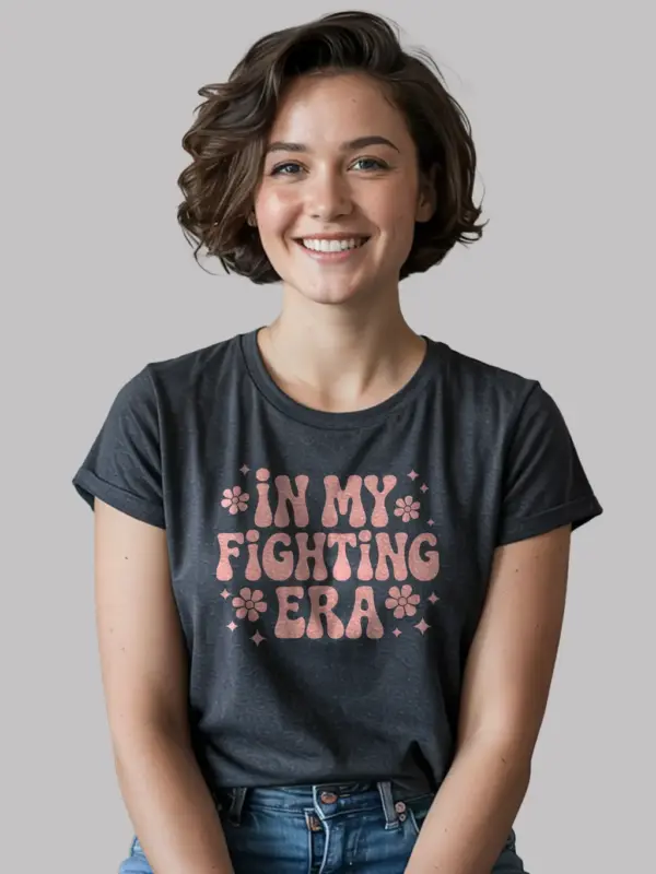 dark heather front – In My Fighting Era Shirt pink ribbon 70s design