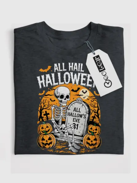 Dark Heather Shirt Front View – All Hail Halloween – gothic skeleton Halloween t-shirt