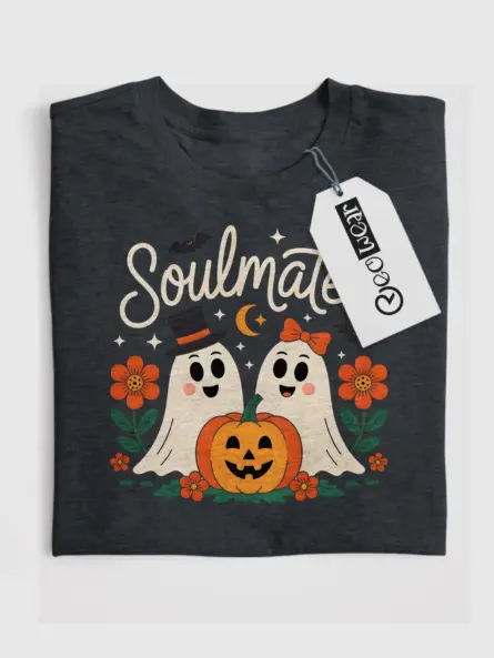 dark heather front – whimsical Halloween ghost couple print – ghost couple t-shirt