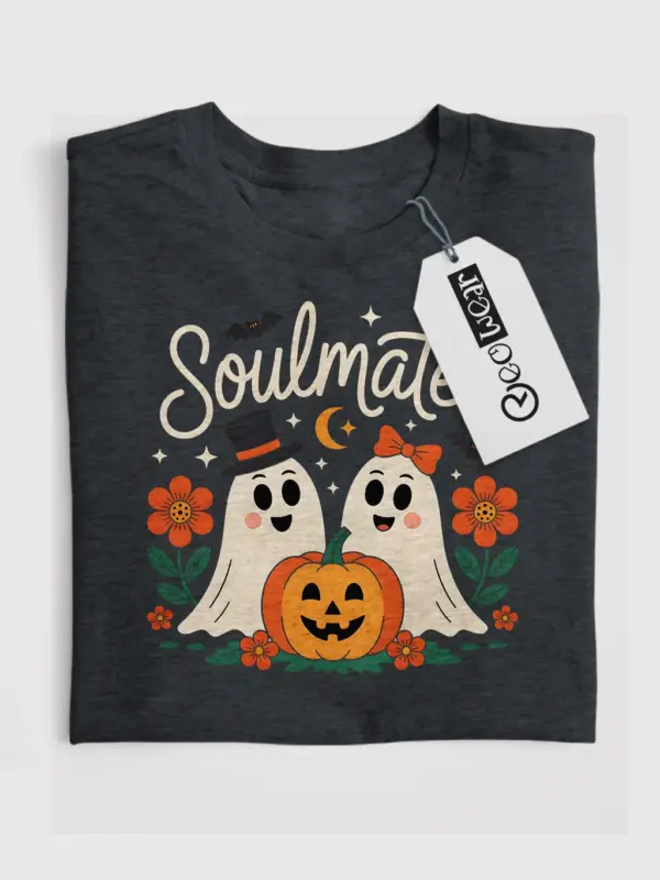 dark heather front – whimsical Halloween ghost couple print – ghost couple t-shirt