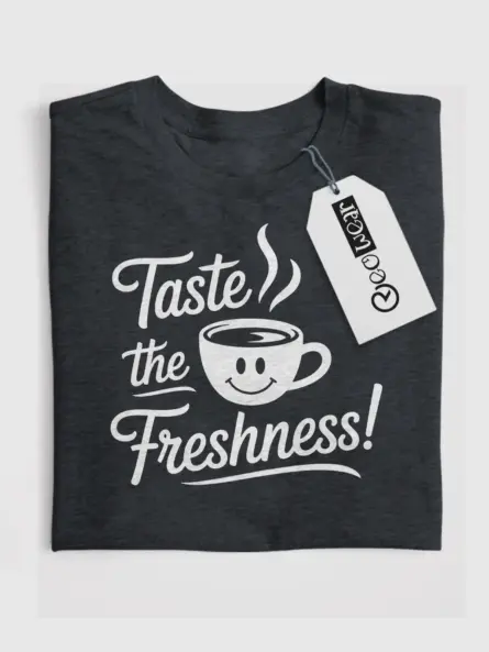 Dark Heather front – Taste the Freshness – coffee lover t-shirt