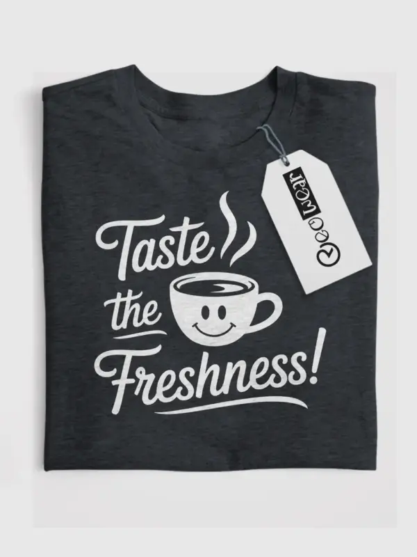 Dark Heather front – Taste the Freshness – coffee lover t-shirt