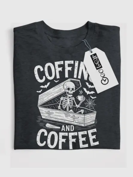 Dark Heather Coffins and Coffee Shirt Front – distressed skeleton coffee t-shirt for goth lovers