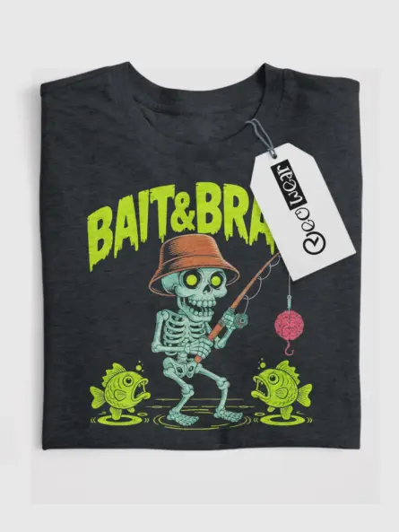 Dark Heather creepy cute skeleton fishing t-shirt with neon brain art