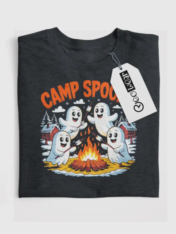 Dark Heather Camp Spooky cute ghost campfire t-shirt front artwork