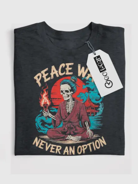 Dark Heather Peace Was Never an Option samurai skeleton t-shirt front