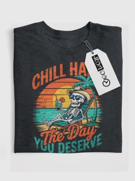 Dark Heather shirt front – chill skeleton on beach – vintage skeleton beach shirt