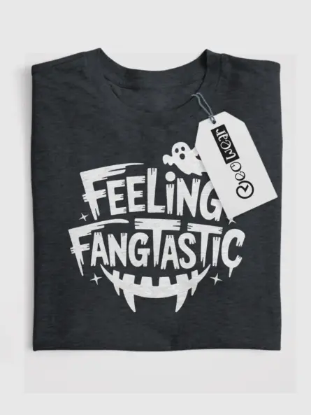 Front view dark heather Feeling Fangtastic Halloween T-Shirt for adults