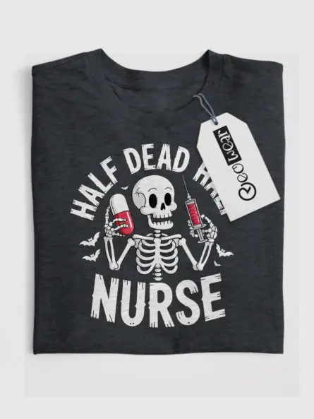Front of dark heather tee – burnout culture nurse shirt with red pill and syringe