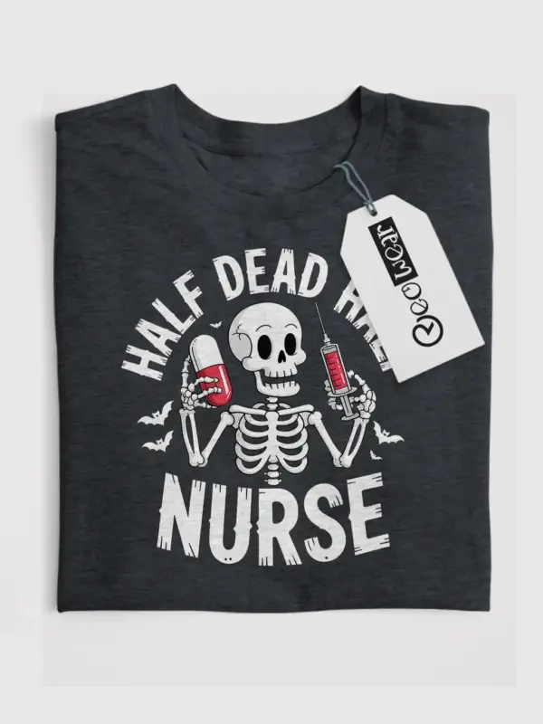 Front of dark heather tee – burnout culture nurse shirt with red pill and syringe