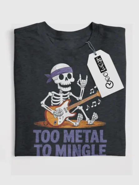 Dark Heather Too Metal to Mingle metalhead skeleton guitar t-shirt front