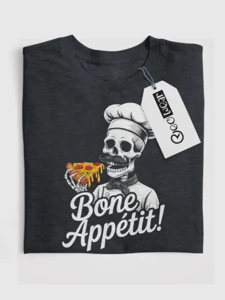 Dark Heather Bone Appétit skeleton chef pizza t-shirt front design