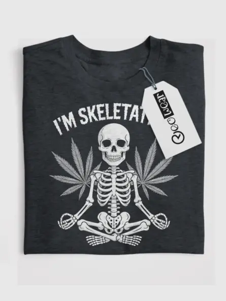 Dark Heather front view – stoner meditation t-shirt skeleton design