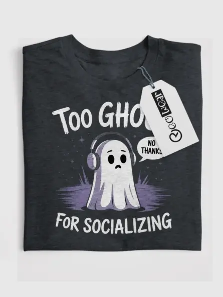 Dark Heather Too Ghoul for Socializing T-Shirt Front View – spooky ghost design