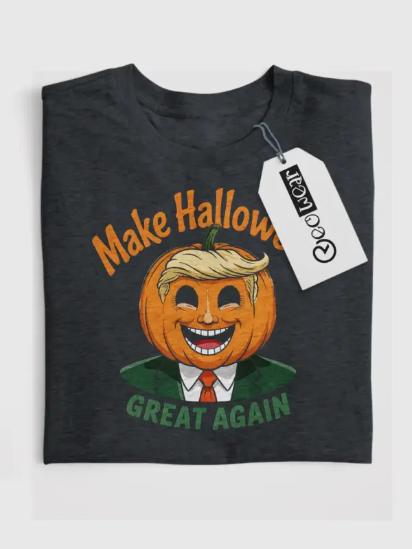 Front design of dark heather tee – trumpkin Halloween t-shirt with jack-o’-lantern graphic