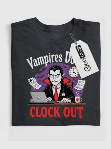 Dark Heather Vampires Don’t Clock Out T-Shirt – Front View for Night Shift Pros