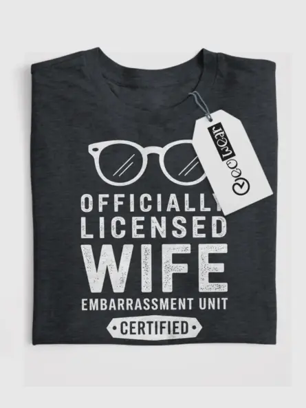 Front view dark heather shirt officially licensed wife embarrassment unit funny wife embarrassment t-shirt