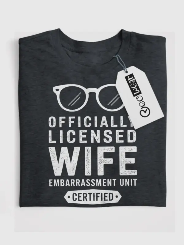 Front view dark heather shirt officially licensed wife embarrassment unit funny wife embarrassment t-shirt