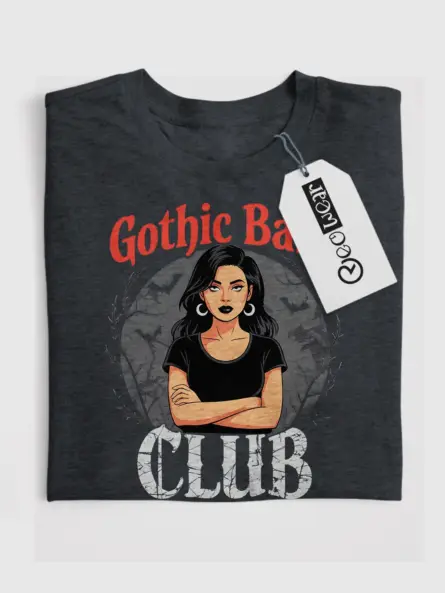 Front View Dark Heather Gothic Babe Club T-Shirt with spooky design