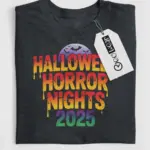 Front of dark heather tee — halloween horror nights t-shirt with dripping gradient