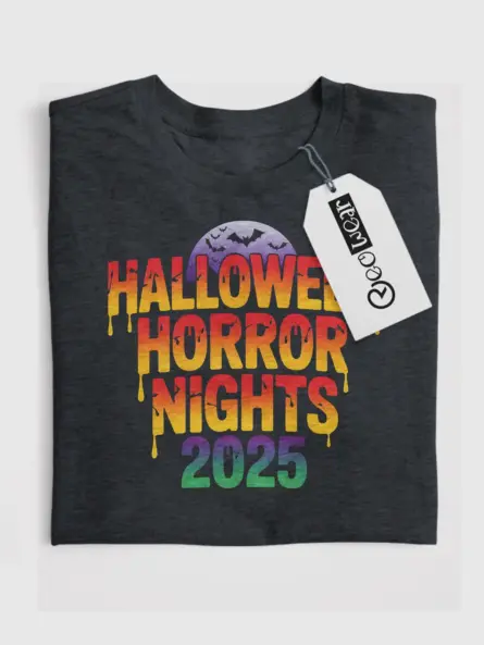 Front of dark heather tee — halloween horror nights t-shirt with dripping gradient
