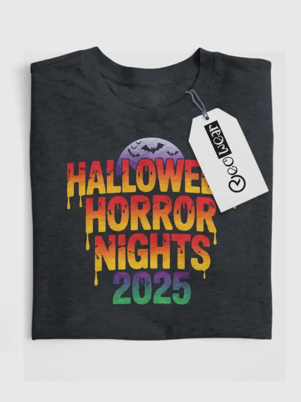 Front of dark heather tee — halloween horror nights t-shirt with dripping gradient