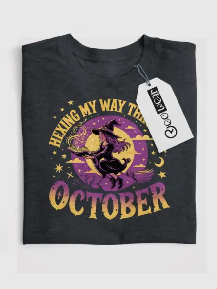 dark heather front view hexing my way through t-shirt flying broomstick