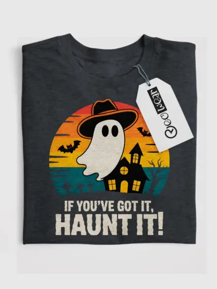 dark heather front view if you’ve got it haunt it t-shirt with sunset ghost