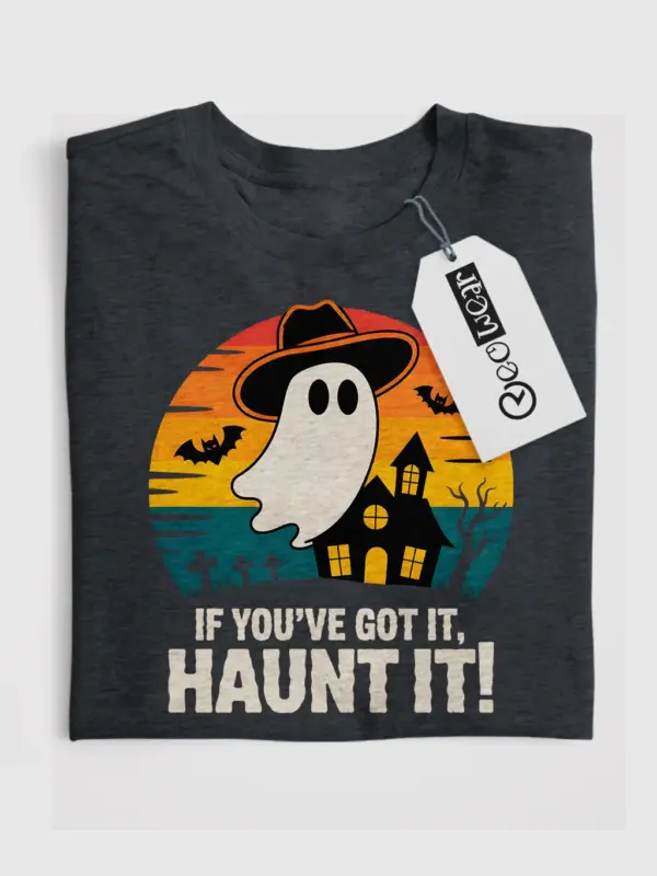 dark heather front view if you’ve got it haunt it t-shirt with sunset ghost