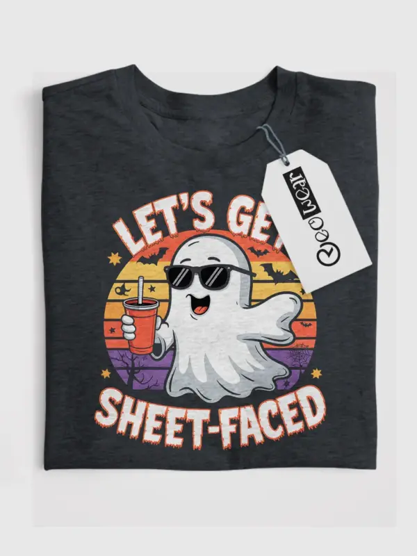 dark heather front view let’s get sheet faced halloween t-shirt solo cup ghost