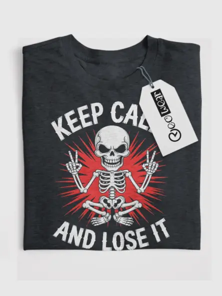 Front view Dark Heather Shirt Keep Calm and Lose It punk skeleton meditation t-shirt