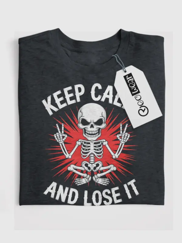 Front view Dark Heather Shirt Keep Calm and Lose It punk skeleton meditation t-shirt