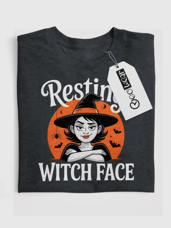 dark heather front view resting witch face halloween t-shirt bold witch design