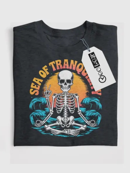 Dark Heather sea of tranquility t-shirt front – vintage skeleton meditation surf tee
