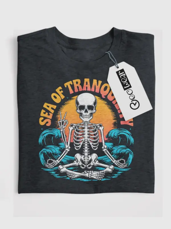 Dark Heather sea of tranquility t-shirt front – vintage skeleton meditation surf tee