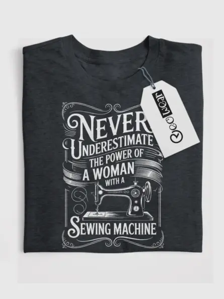 Front view dark heather shirt never underestimate sewing machine t-shirt for women