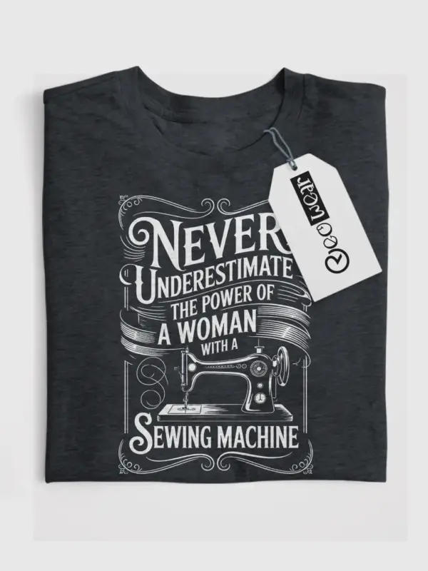 Front view dark heather shirt never underestimate sewing machine t-shirt for women