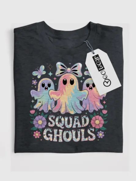 Dark Heather front view – squad ghouls halloween shirt with bow ghost